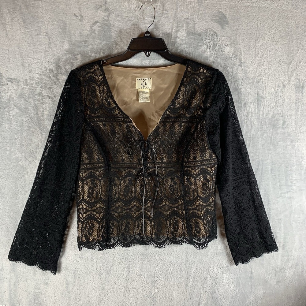 Vintage ICE Women's‎ Top L Sheer Lace Long Sleeve Cropped Leather Lace Up Y2K